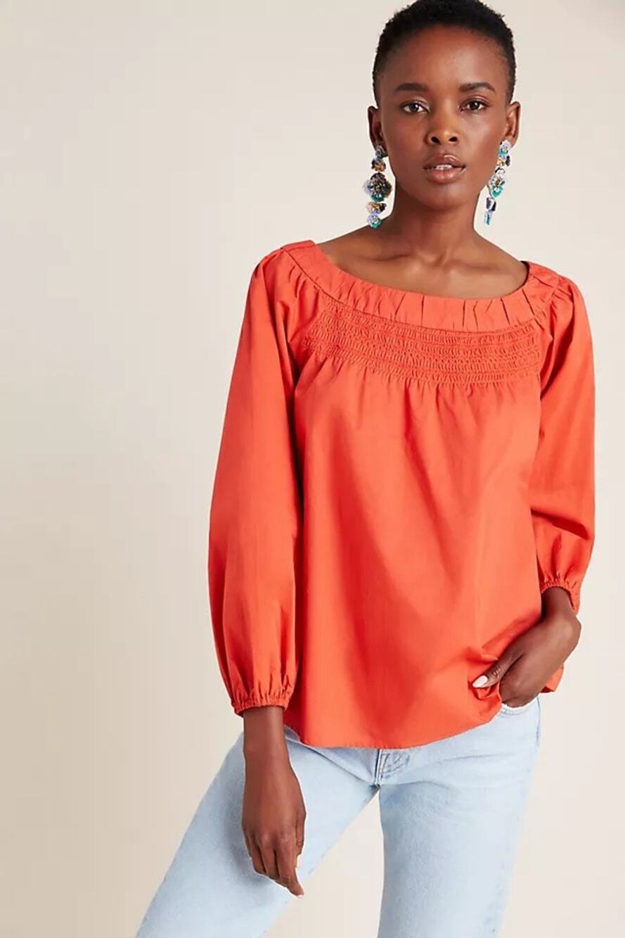 Maeve Jessia Smocked Swing Top XS Burnt Orange Peasant Cottagecore